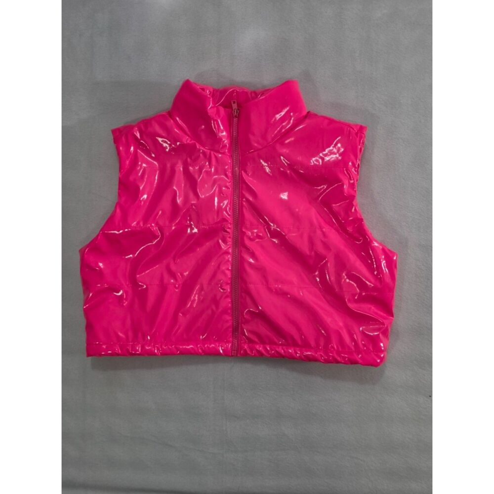 TAXI Womens Hot Pink Shiny Patent Cropped Puffer Vest Barbiecore Large